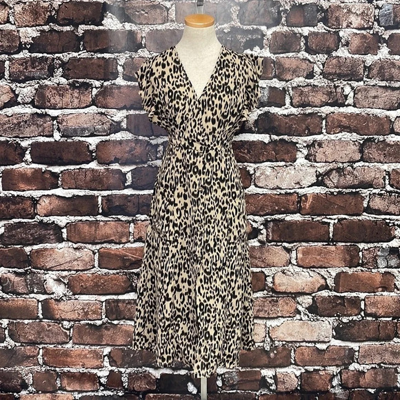 Sienna Sky Leopard Print Midi Dress Fit & Flare V-Neck Brown Size Small S - Picture 5 of 17